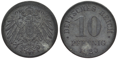Германия 10 пфеннигов 1920 KM 26, J. 299, Weege 8 цинк 4119-255