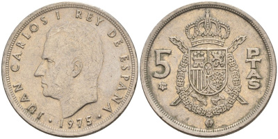 Испания 5 песет 1975 (79) Хуан Карлос I (1975-2014) KM 807 медно-никель 4155-637