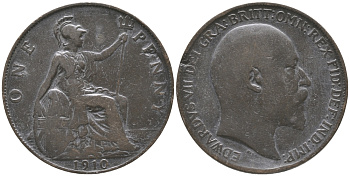 Великобритания 1 пенни 1910 Эдуард VII (1901-1910) KM 794.2, Spink 3990 бронза 32-446
