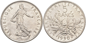 Франция 5 франков 1990 сеятель KM 926а.1, Le Franc 341.22 медно-никель плакированный никелем 3855-1134