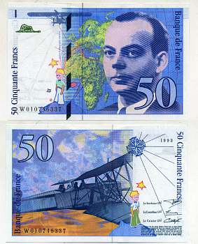 Франция 50 франков 1993 Антуан де Сент-Экзюпери, маленький принц, биплан "Breguet 14" Pick 157 b  бумага  UNC (пресс) 7217-60-2-1