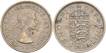 Великобритания 1 шиллинг 1957 Елизавета II (1952-2022), Английский герб KM 904, Spink 4147 медно-никель 4153-914