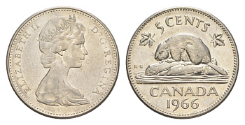Канада 5 центов 1966 Елизавета II (1952-2022), бобр KM 60.1 никель 4639-448