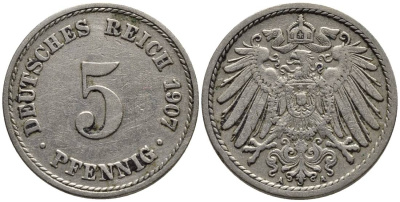 ГЕРМАНИЯ 5 ПФЕННИГОВ 1907 A KM 11, Jager 12, Weege 6 медно-никель 4547-456