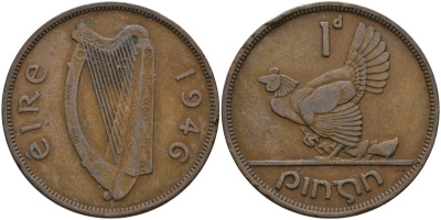 Ирландия 1 пенни 1946 курица с цыплятами KM 11 бронза 4144-1142