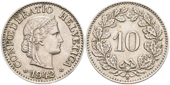 ШВЕЙЦАРИЯ 10 РАППЕНОВ 1942 В KM 27 медно-никель 201-433