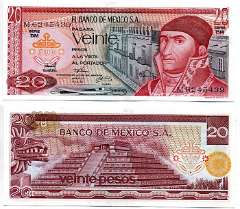 Мексика 20 песо 1973 18 июля 1973 Pick 64b(8) бумага UNC (пресс) 2196-20-1-2
