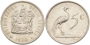 ЮАР 5 центов 1970 герб, райский журавль KM 84 никель 4115-211