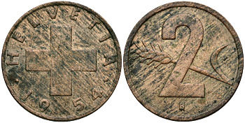 Швейцария 2 раппена 1954 в KM 47 бронза 4115-1239