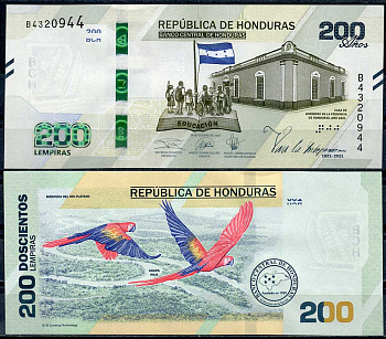 Гондурас 200 лемпира 2019 200 лет независимости Колумбии, красный попугай Pick 105  бумага  UNC (пресс) 451-654-1