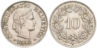 ШВЕЙЦАРИЯ 10 РАППЕНОВ 1942 В KM 27 медно-никель 201-433