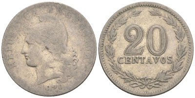 Аргентина 20 сентаво 1920 голова свободы влево KM 36, CJ 69, Schon 39 медно-никель    60-911