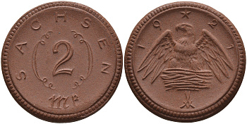 Саксония 2 марки 1921 J. N 56 фарфор 1094-1-15