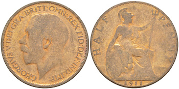 Великобритания 1/2 пенни 1911 Георг V (1910-1936) KM 809,Spink 4056 бронза 4523-947