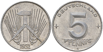 ГДР 5 пфеннигов 1952 A KM 6 алюминий 206-435