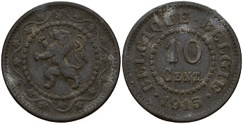 Бельгия 10 сантимов 1915 германская оккупация Первая мировая война, Альберт I (1910-1934) KM 81 цинк 4161-252