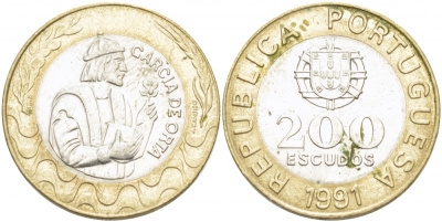 Португалия 200 эскудо 1991 Гарсия Де Орта (1501-1568) KM 655 биметалл 4403-1036