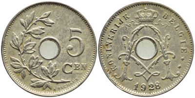 БЕЛЬГИЯ 5 САНТИМОВ 1928 BELGIE KM 67 медно-никель 86-319