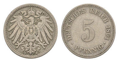 Германия 5 пфеннигов 1891 A, Вильгельм II (1888-1918) KM 11, J. 12 медно-никель 4639-1257