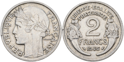 Франция 2 франка 1946  KM 886а.1 алюминий    4601-917