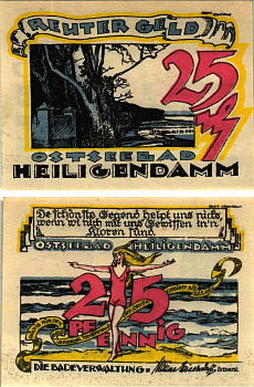 ХАЙЛИГЕНДАММ 25 ПФЕННИГОВ 1922 НОТГЕЛЬД, 1922 - 28 ФЕВРАЛЯ 1922, ЗЕМЛЯ МЕКЛЕНБУРГ, ПЕРЕДНЯЯ ПОМЕРАНИЯ Grabowski 590.1 бумага 6318-42-1-1