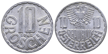 Австрия 10 грошей 1968 KM 2878 алюминий 53-834