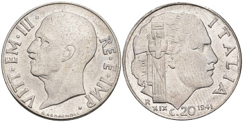 ИТАЛИЯ 20 ЧЕНТЕЗИМО 1941 R, ГОД XIX, ВИКТОР ЭММАНУИЛ III (1900-1946) KM 75b, VEM3. 1028 нержавеющая сталь 3853-731