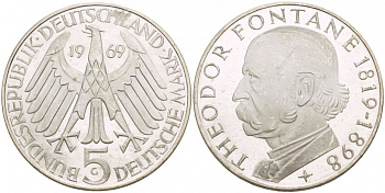 ФРГ 5 марок 1969 G, 150 лет со дня рождения Теодора Фонтана J. 399, KM 125.1 серебро UNC 4545-1135