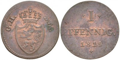Гессен-Дармштадт 1 пфенниг 1819 GH - SM KM 280 медь 73-638