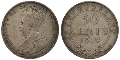 Ньюфаундленд 50 центов 1919 С, Георг V (1910-1936) KM 12 серебро 4044-831