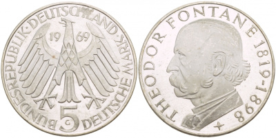 ФРГ 5 марок 1969 G, 150 лет со дня рождения Теодора Фонтана J. 399, KM 125.1 серебро UNC 4545-1135