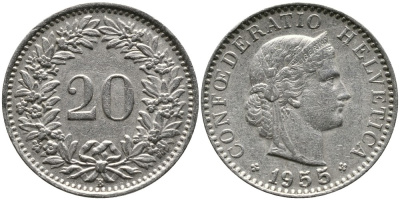 ШВЕЙЦАРИЯ 20 РАППЕНОВ 1955 В KM 29а медно-никель 4539-554