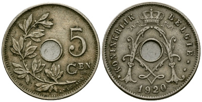 Бельгия 5 сантимов 1920 Belgie KM 67 медно-никель 4173-217