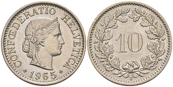 Швейцария 10 раппенов 1965 В KM 27 медно-никель 188-735