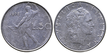 ИТАЛИЯ 50 ЛИР 1978 R, БОГ ОГНЯ ВУЛКАН У НАКОВАЛЬНИ KM 95.1 нержавеющая сталь 59-2033