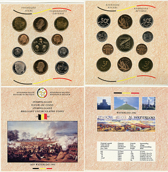 Бельгия набор из 10 монет + жетон монетного двора 1990 Belgie-Belgique, 175 лет битве при Ватерлоо (1815-1990), в оригинальном буклете, в запайке  KM MS 2   UNC  1181-1-16