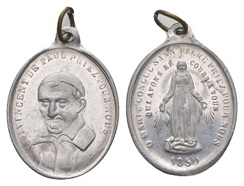 Франция религиозный медальон с изображением Викентия де Поля 1830 Дева Мария, размер 22,5x18 мм, вес 0,72 гр алюминий 4655-222