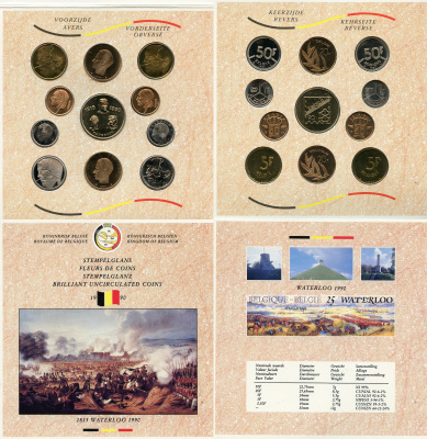 Бельгия набор из 10 монет + жетон монетного двора 1990 Belgie-Belgique, 175 лет битве при Ватерлоо (1815-1990), в оригинальном буклете, в запайке  KM MS 2   UNC  1181-1-16