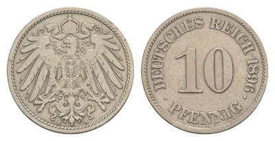 Германия 10 пфеннигов 1896 A, Вильгельм II (1888-1918) KM 12, J. 13 медно-никель 4640-232