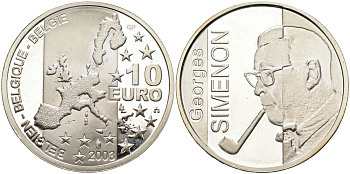 Бельгия 10 евро 2003 100 лет со дня рождения Жоржа Сименона KM 235 серебро PROOF 02-070-24