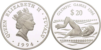Тувалу 20 долларов 1994 Олимпийские игры 1996 года, плавание KM 24 серебро PROOF 1085-6-22