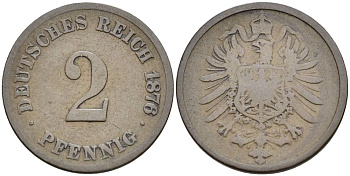 ГЕРМАНИЯ 2 ПФЕННИГА 1876 H, СТАРОГЕРБОВКА KM 2, Jager 2, Weege 3 медь 4546-614