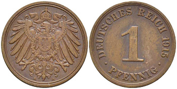 ГЕРМАНИЯ 1 ПФЕННИГ 1915 A KM 10, J. 10, Weege 2 медь 206-446