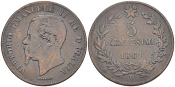 ИТАЛИЯ 5 ЧЕНТЕЗИМО 1861 М, МОНДВОР МИЛАН, ВИКТОР ЭММАНУИЛ II (1861-1878) KM 3.2 медь 4525-113