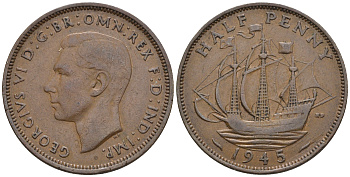 Великобритания 1/2 пенни 1945 Георг VI (1936-1952) KM 844, Spink 4115 бронза 4610-656
