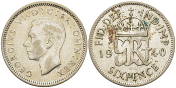 Великобритания 6 пенсов 1940 Георг VI (1936-1952) KM 852, Spink 4084 серебро 24-337