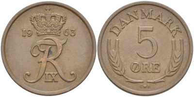 ДАНИЯ 5 ЭРЕ 1963 C; S, ФРЕДЕРИК IX (1947-1972) KM 848.1 бронза 108-1025
