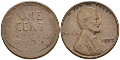 США 1 цент 1957 Линкольн KM А132 медь цинк 4564-264