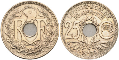Франция 25 сантимов 1939 .1939., тип Lindauer Maillechort, штемпельный блеск KM 867b, Le Franc 172.4 никель бронза 4584-445