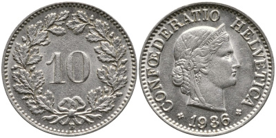 ШВЕЙЦАРИЯ 10 РАППЕНОВ 1936 В KM 27b никель 4539-435
